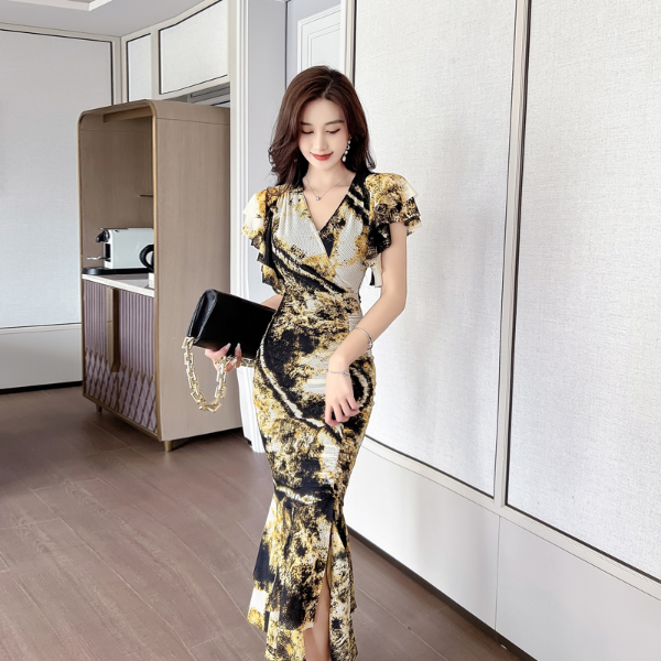 Elegant V-neck Women's Summer Dress 2022 Slim Fishtail Womens Clothing Sexy Outfits for Woman  Skirts