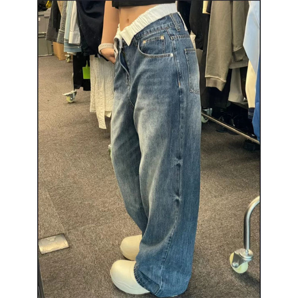 Design Sense Double Waist Jeans Women Man Spring and Autumn Plus Size Ins High Waist Loose Drape  Trousers & Leggings