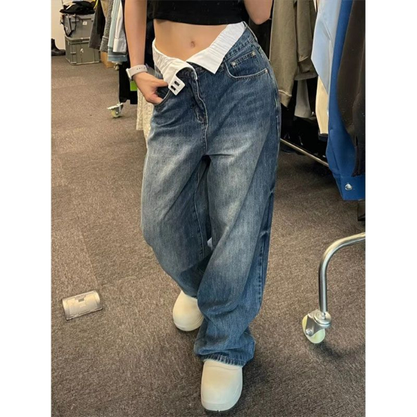 Design Sense Double Waist Jeans Women Man Spring and Autumn Plus Size Ins High Waist Loose Drape  Trousers & Leggings
