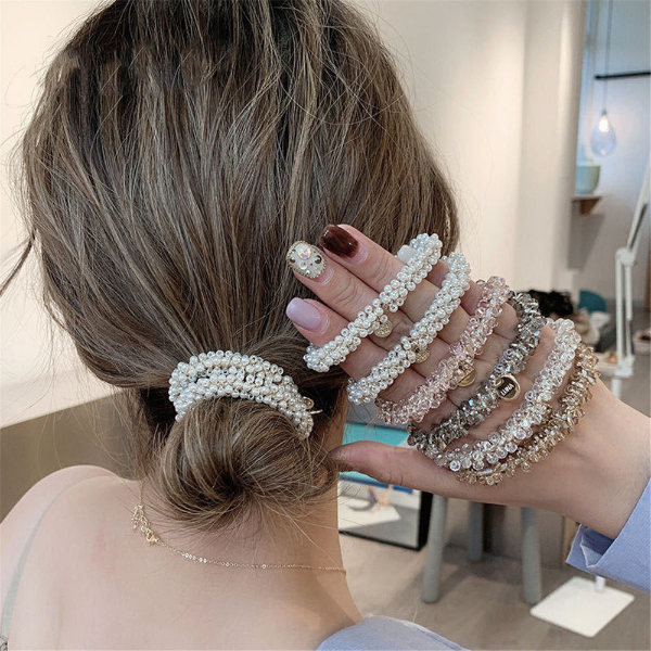 Pearl Multicolor Beads Hair Tie for Women Elastic Hair Rope Simple Metal Sheets Scrunchies Ladies  Hair Weaves