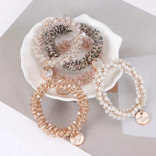 Pearl Multicolor Beads Hair Tie for Women Elastic Hair Rope Simple Metal Sheets Scrunchies Ladies  Hair Weaves