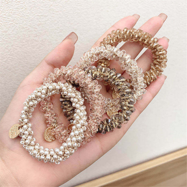Pearl Multicolor Beads Hair Tie for Women Elastic Hair Rope Simple Metal Sheets Scrunchies Ladies  Hair Weaves