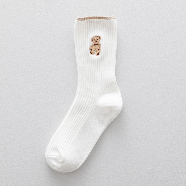 5PCS Kawaii Bear Animal Print Stripe Socks Cartoon Cute Socks Fashion for Women Girls Solid  Socks
