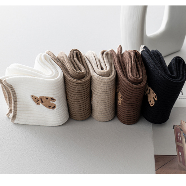 5PCS Kawaii Bear Animal Print Stripe Socks Cartoon Cute Socks Fashion for Women Girls Solid  Socks