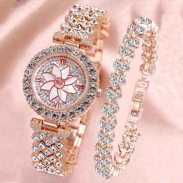 Diamond inlaid bracelet watch small fragrance full diamond two-piece suit women's quartz watch Women Watches