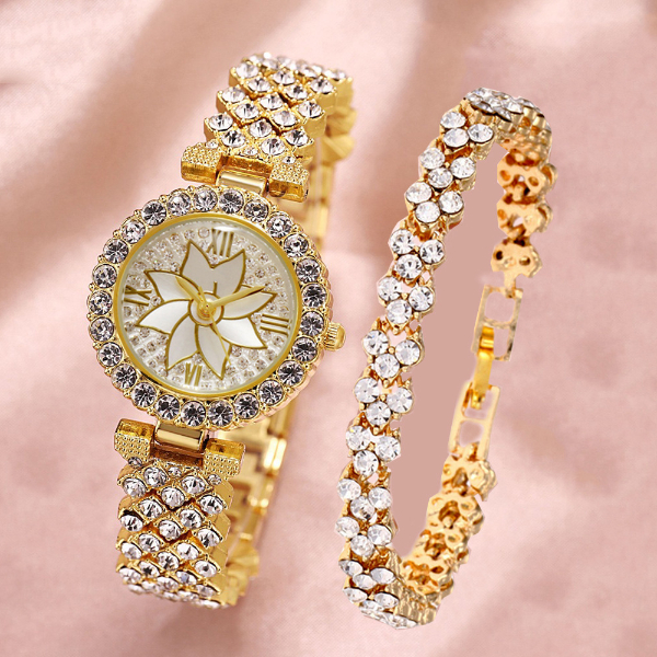 Diamond inlaid bracelet watch small fragrance full diamond two-piece suit women's quartz watch Women Watches
