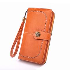 Wallets & Holders Solid Color Daily Easy To Carry Oil Wax Leather Material Buckle Zipper Foldable Women's Purse Card Bag Orange 19.5*10.5*3.5CM