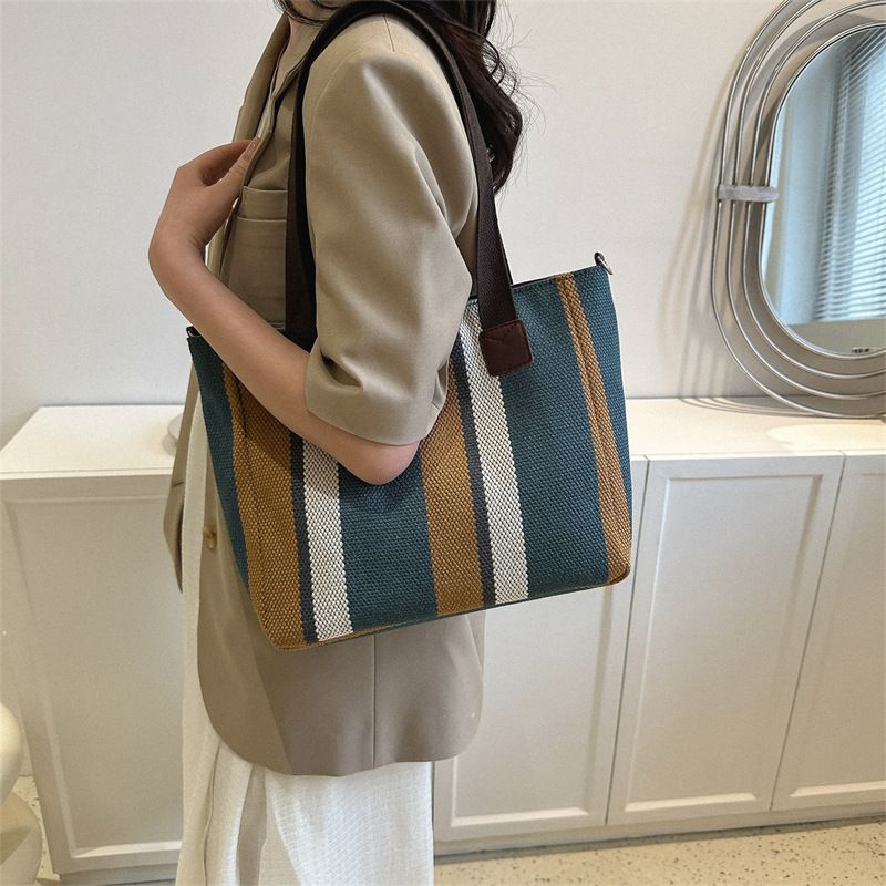 New Fashion Striped Canvas Commuter Tote Tote Hip Shoulder Crossbody Mommy Bag Handbags