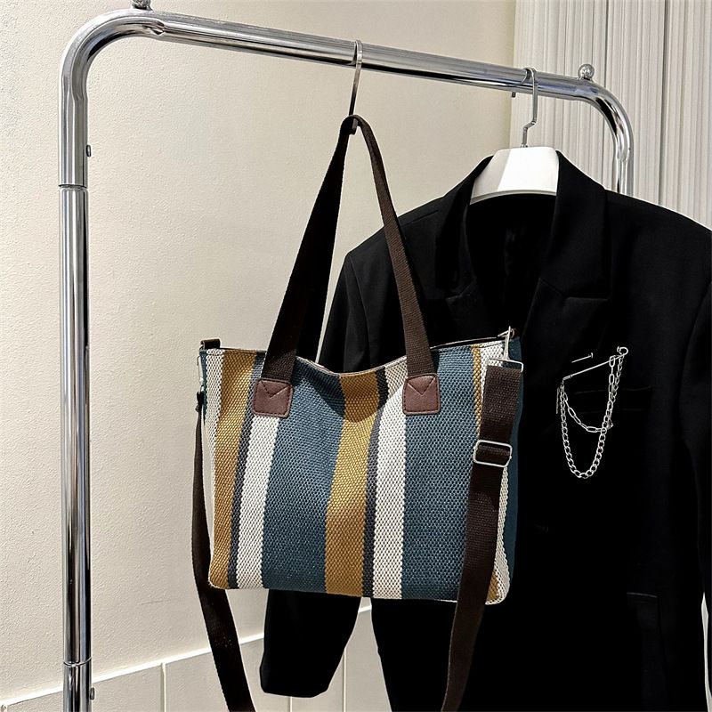 New Fashion Striped Canvas Commuter Tote Tote Hip Shoulder Crossbody Mommy Bag Handbags