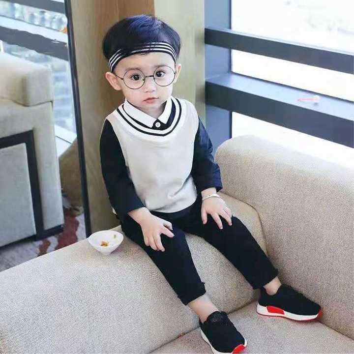 D-baby Spring Autumn Baby Boy gentleman suit shirt + overalls 2pcs long sleeve boys pants kids suits
