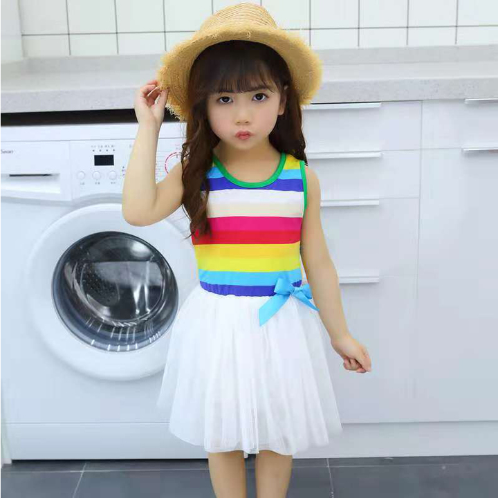 D-baby 1PC Princess Girl Rainbow Bow Dress 1-8.5y Kids Summer Princess Party Holiday Tutu Dresses