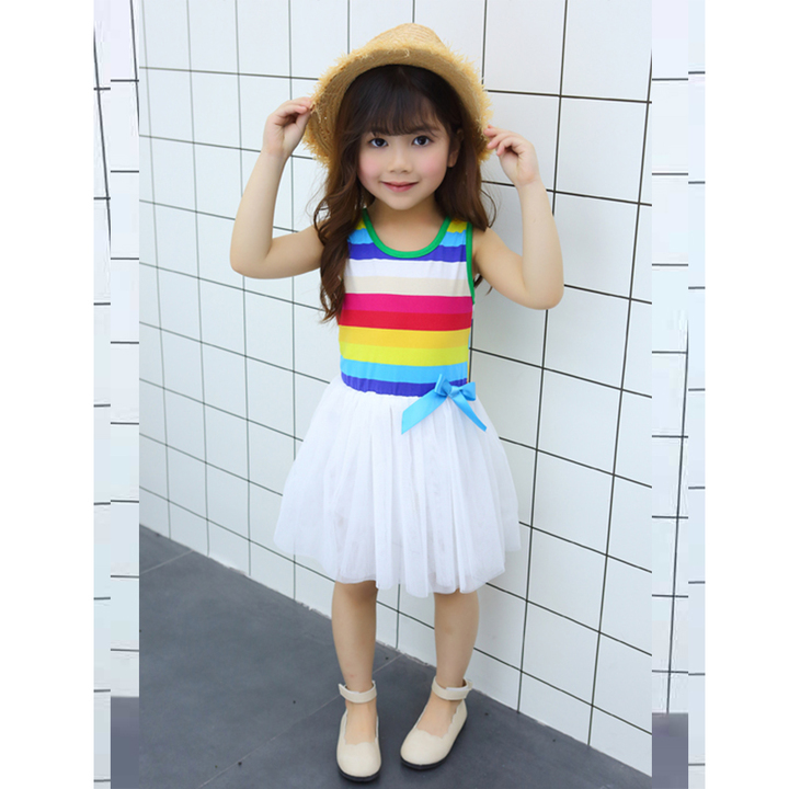 D-baby 1PC Princess Girl Rainbow Bow Dress 1-8.5y Kids Summer Princess Party Holiday Tutu Dresses