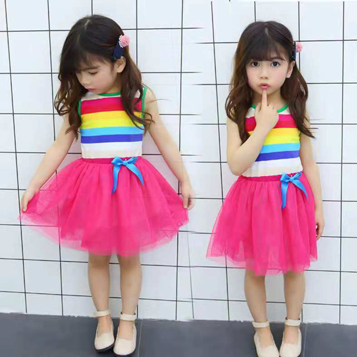 D-baby 1PC Princess Girl Rainbow Bow Dress 1-8.5y Kids Summer Princess Party Holiday Tutu Dresses