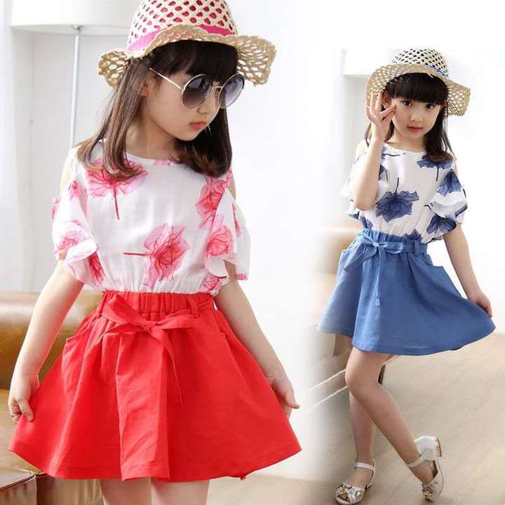 D-baby Toddler Kid Baby Girl Outfits Clothes Maple Leaf Printing T-shirt Tops+Skirt 2PCS Sets