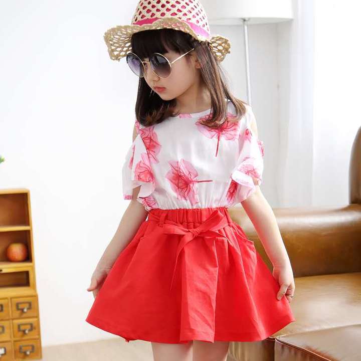 D-baby Toddler Kid Baby Girl Outfits Clothes Maple Leaf Printing T-shirt Tops+Skirt 2PCS Sets