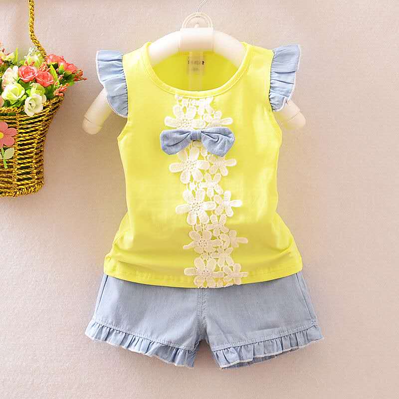 D-baby Lovely Baby Girl Lotus Edge T-shirt + Jean Shorts Suit, Fashion Girl Suit