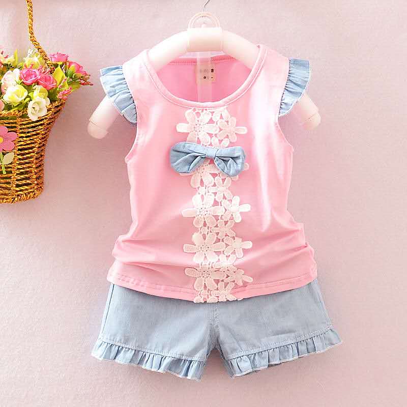 D-baby Lovely Baby Girl Lotus Edge T-shirt + Jean Shorts Suit, Fashion Girl Suit