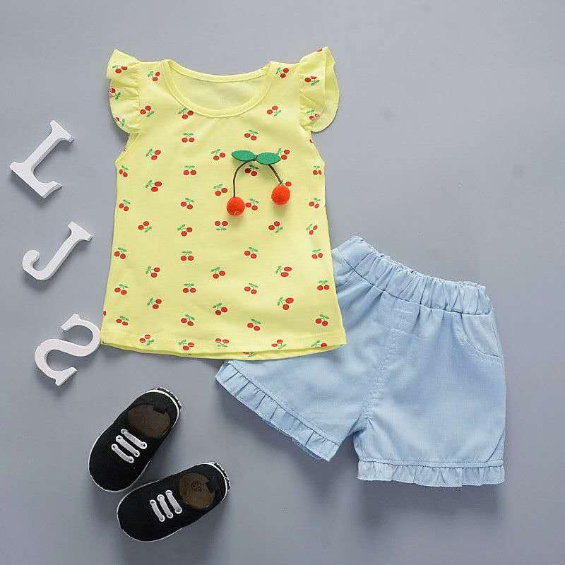 D-baby Lovely Baby Girl Lotus Edge T-shirt + Jean Shorts Suit, Fashion Girl Suit
