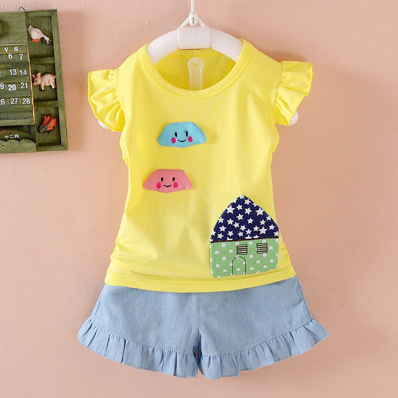 D-baby Lovely Baby Girl Lotus Edge T-shirt + Jean Shorts Suit, Fashion Girl Suit