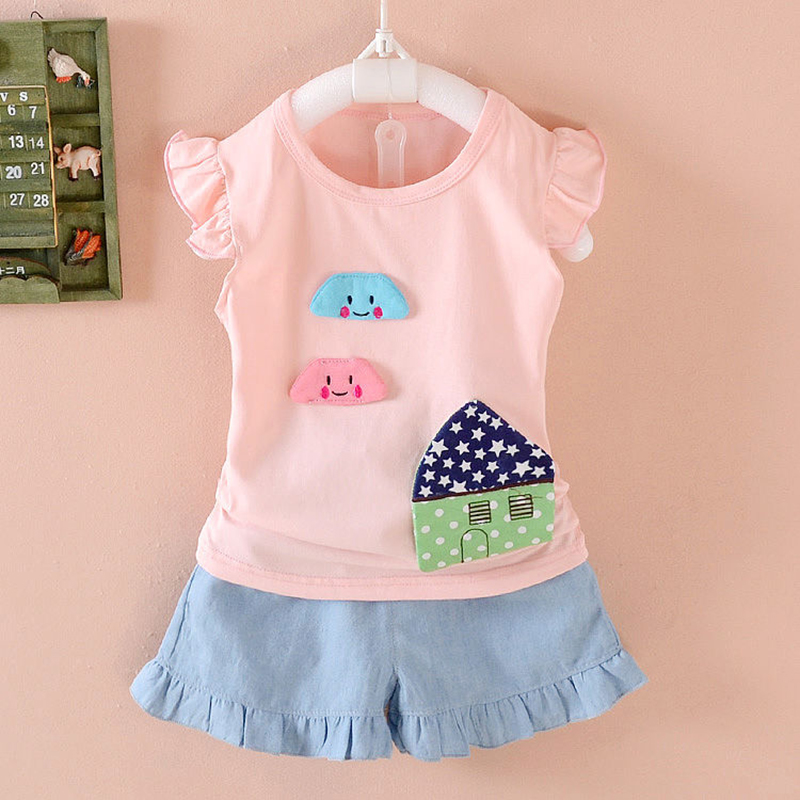 D-baby Lovely Baby Girl Lotus Edge T-shirt + Jean Shorts Suit, Fashion Girl Suit