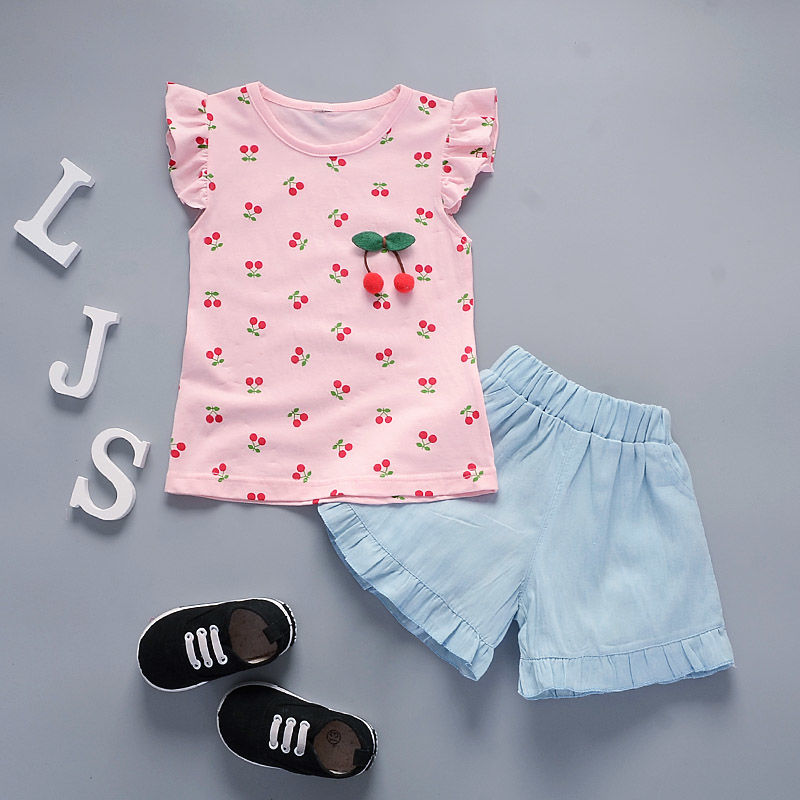 D-baby Lovely Baby Girl Lotus Edge T-shirt + Jean Shorts Suit, Fashion Girl Suit