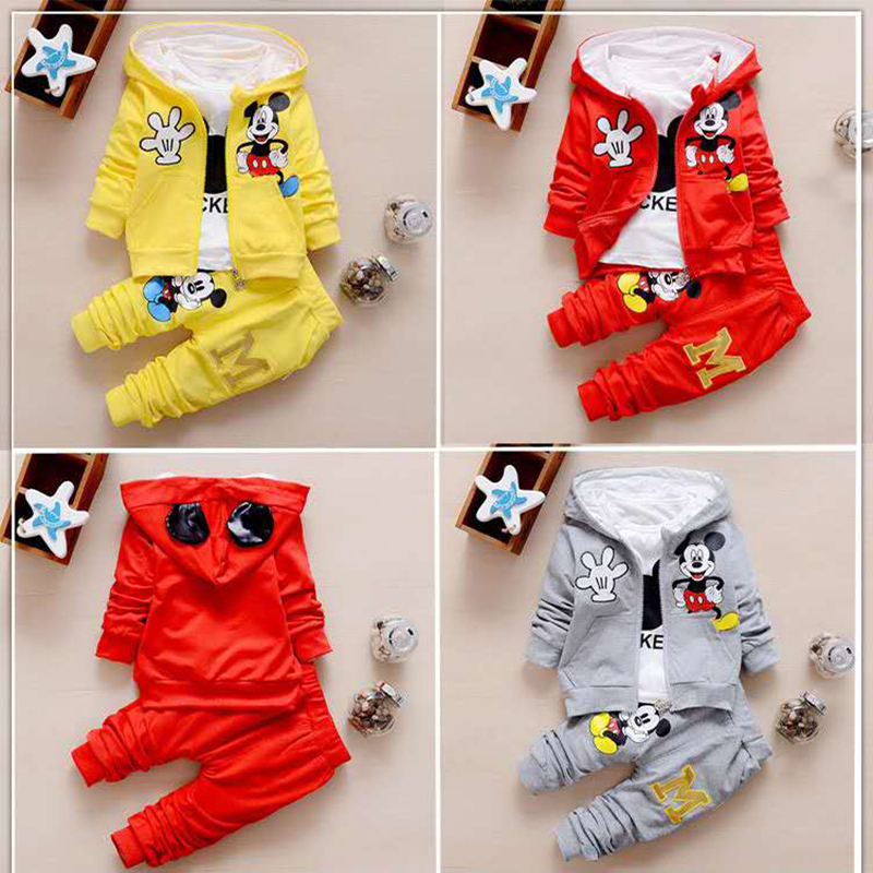 D-baby Autumn Kids Mickey Print Hoodied Jacket+Shirt+Pants 3Pcs Children Sport Suits Boys Girls Clothes