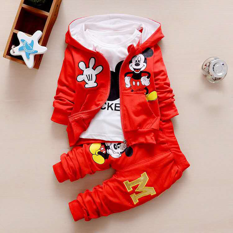D-baby Autumn Kids Mickey Print Hoodied Jacket+Shirt+Pants 3Pcs Children Sport Suits Boys Girls Clothes