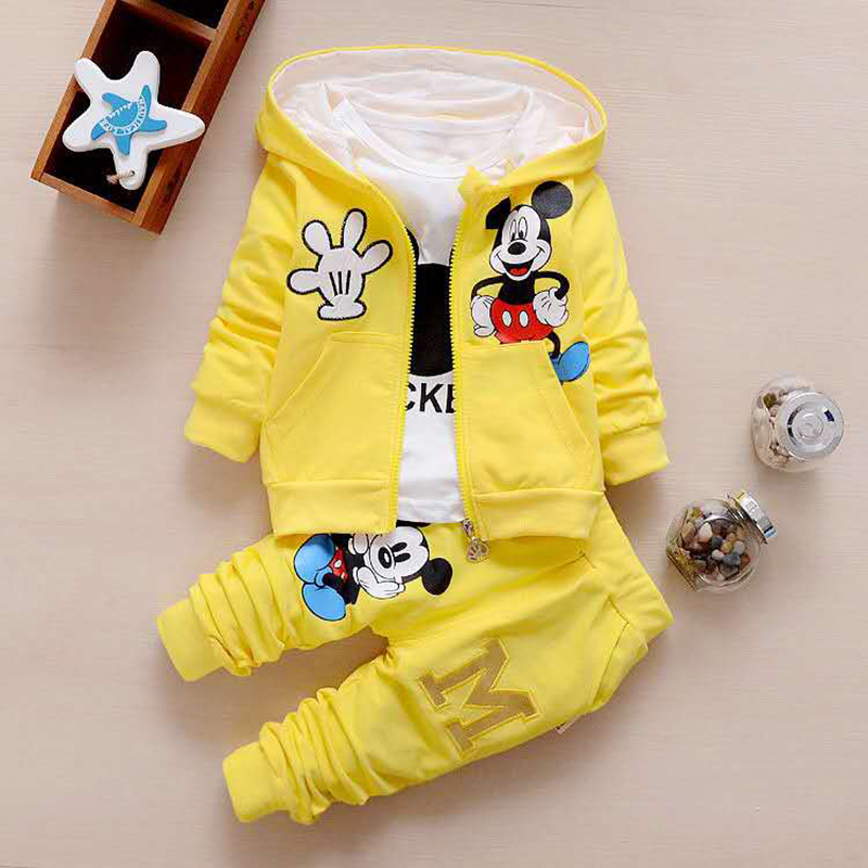 D-baby Autumn Kids Mickey Print Hoodied Jacket+Shirt+Pants 3Pcs Children Sport Suits Boys Girls Clothes