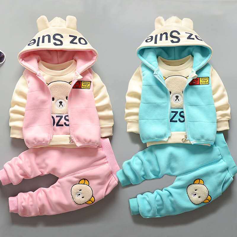 Autumn Kids Thickening Winter Suit Kids Hooded Vest+Sweater+Pants 3 Pcs Children Girls Clothes Set
