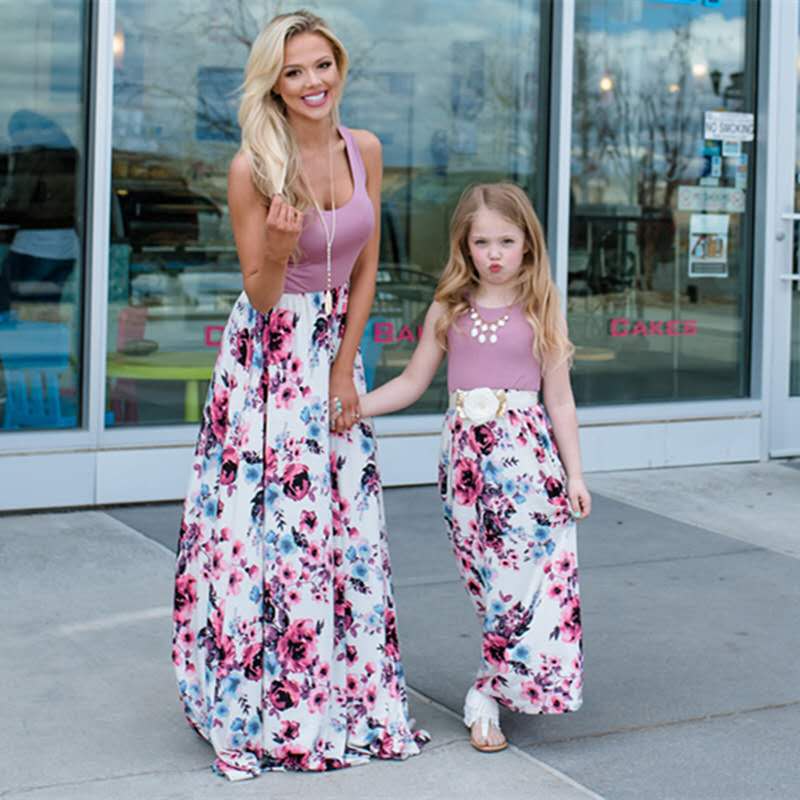 D-baby 1PC Mother or BABY Girl Milk Silk Dress Stiped flower Summer Casual Dresses