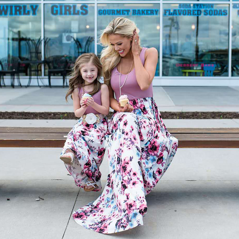 D-baby 1PC Mother or BABY Girl Milk Silk Dress Stiped flower Summer Casual Dresses