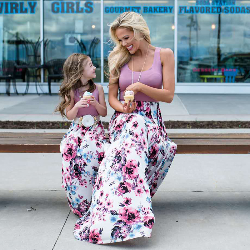 D-baby 1PC Mother or BABY Girl Milk Silk Dress Stiped flower Summer Casual Dresses