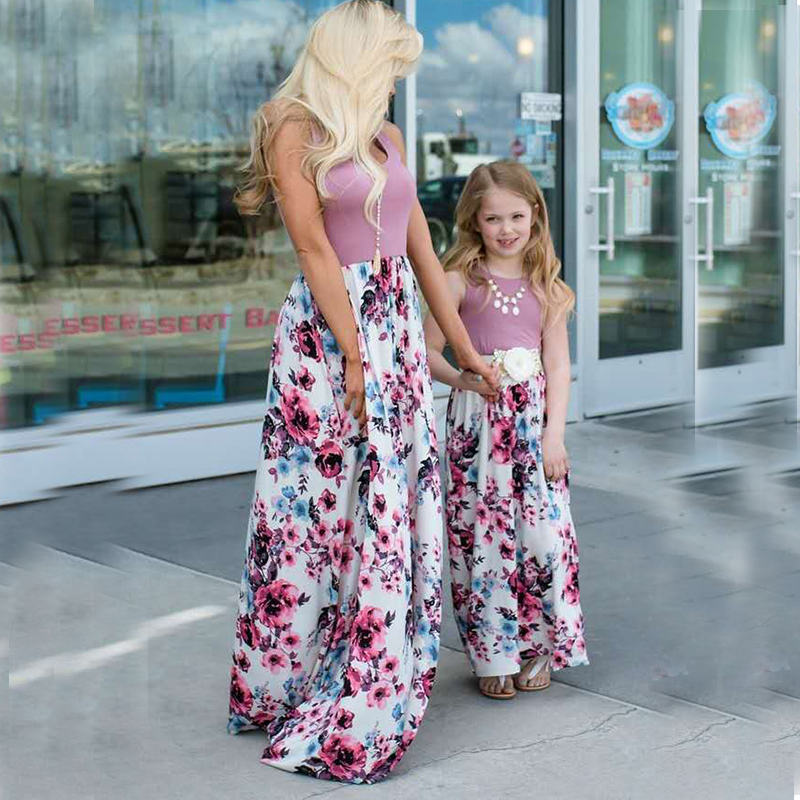 D-baby 1PC Mother or BABY Girl Milk Silk Dress Stiped flower Summer Casual Dresses