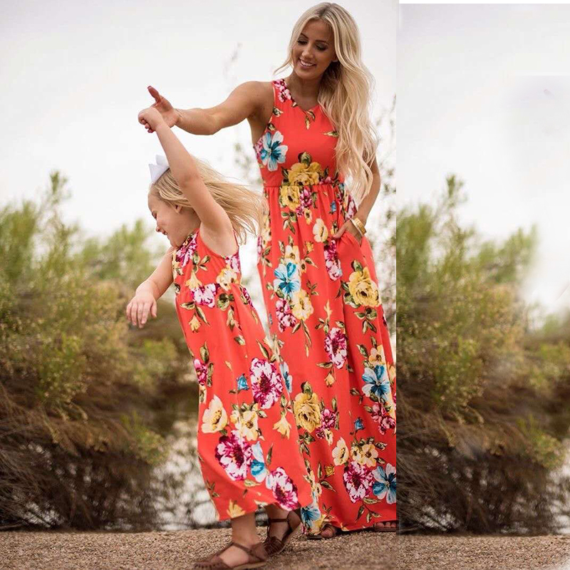 D-baby 1PC Mother or BABY Girl Milk Silk Dress Stiped flower Summer Casual Dresses