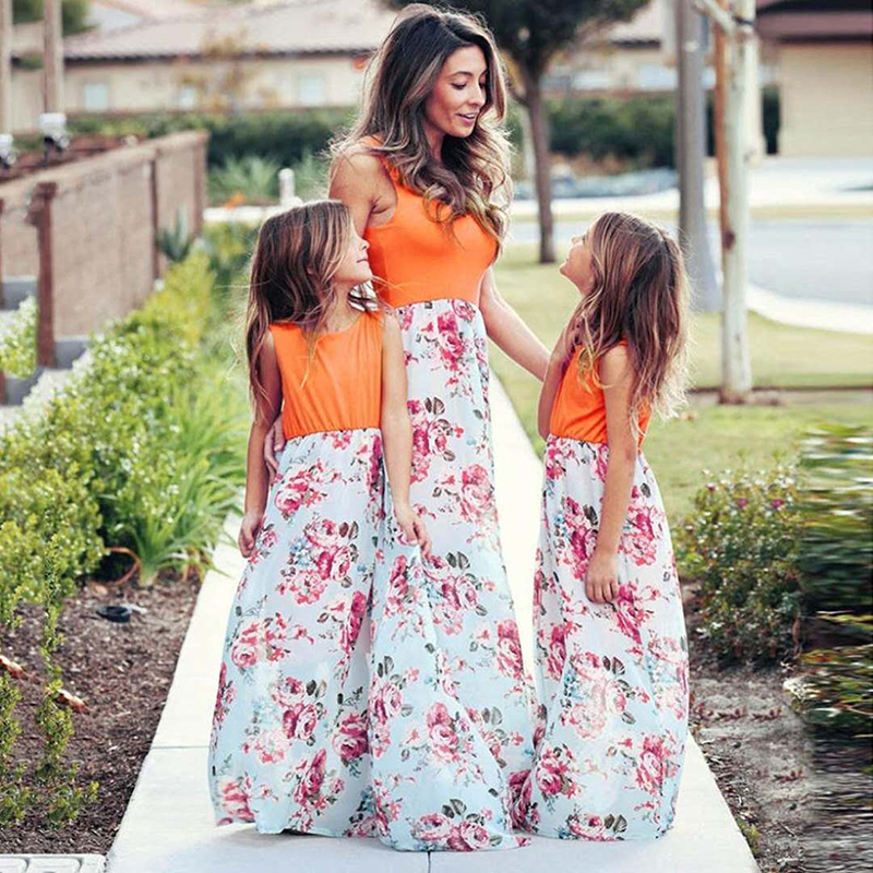 D-baby 1PC Mother or BABY Girl Milk Silk Dress Stiped flower Summer Casual Dresses