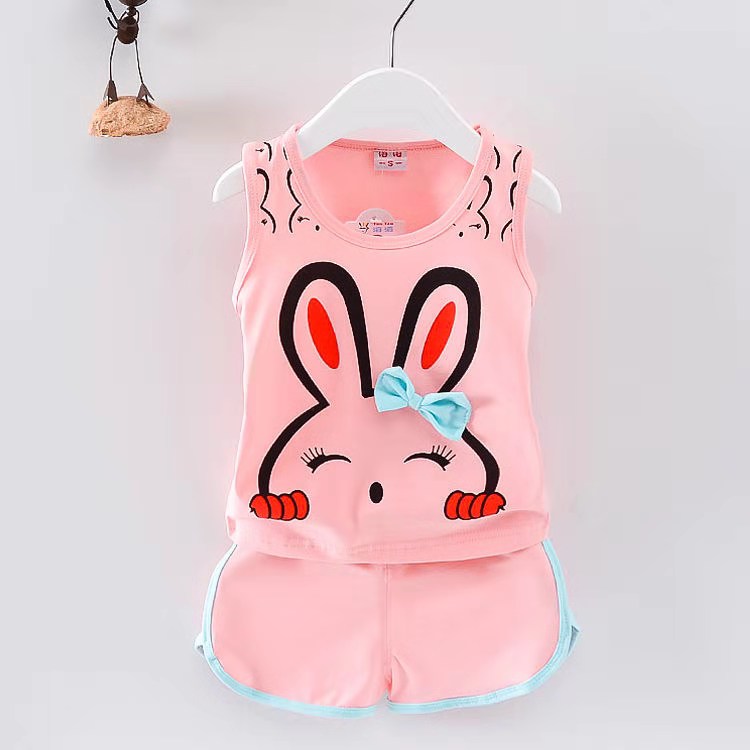 D-baby 2Pcs Kids Baby Girls Boys Rabbit/Dinosaurs Print Sleeveless Top+ Shorts Outfits Clothes Set