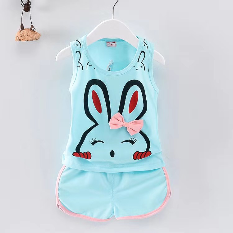 D-baby 2Pcs Kids Baby Girls Boys Rabbit/Dinosaurs Print Sleeveless Top+ Shorts Outfits Clothes Set
