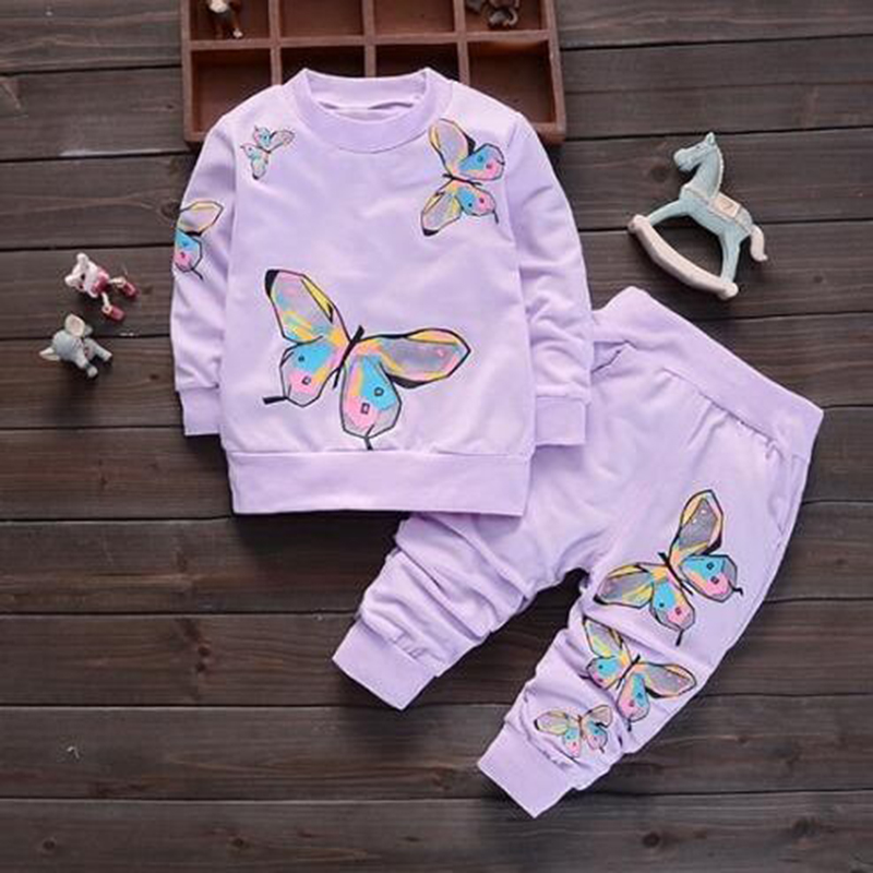 D-baby Autumn Fashion Baby Girl Clothing Set Cute Suit 2PCS Kids Flowers Butterfly Print Top + Pants