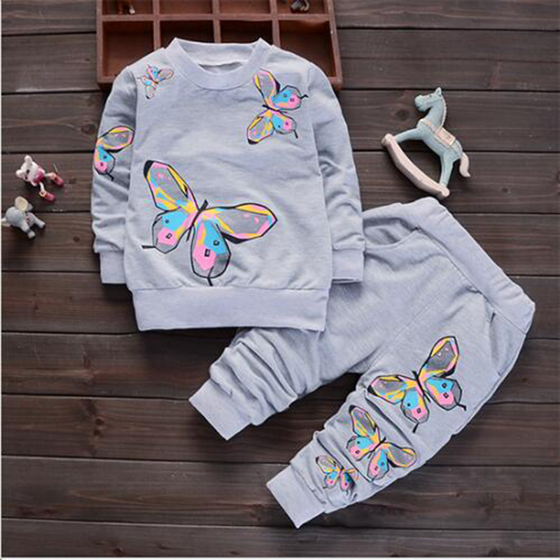 D-baby Autumn Fashion Baby Girl Clothing Set Cute Suit 2PCS Kids Flowers Butterfly Print Top + Pants