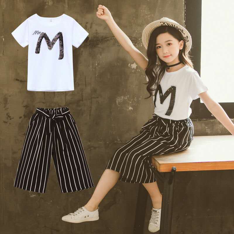 D-baby Hot Big Girls Clothes Sets Top+Chiffon Pants 2pcs/set children Leisure suits