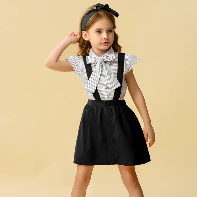 D-baby 80-120cm 3PCS Kids Baby Girls Dots Tops Dress Skirt Bow Headband Party Clothes Outfits Set