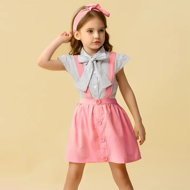 D-baby 80-120cm 3PCS Kids Baby Girls Dots Tops Dress Skirt Bow Headband Party Clothes Outfits Set