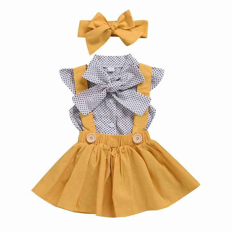 D-baby 80-120cm 3PCS Kids Baby Girls Dots Tops Dress Skirt Bow Headband Party Clothes Outfits Set