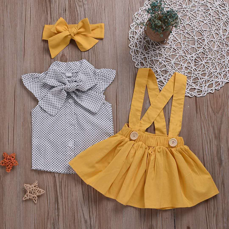 D-baby 80-120cm 3PCS Kids Baby Girls Dots Tops Dress Skirt Bow Headband Party Clothes Outfits Set