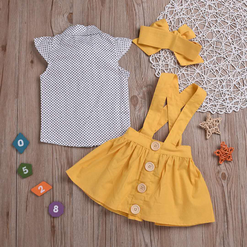 D-baby 80-120cm 3PCS Kids Baby Girls Dots Tops Dress Skirt Bow Headband Party Clothes Outfits Set