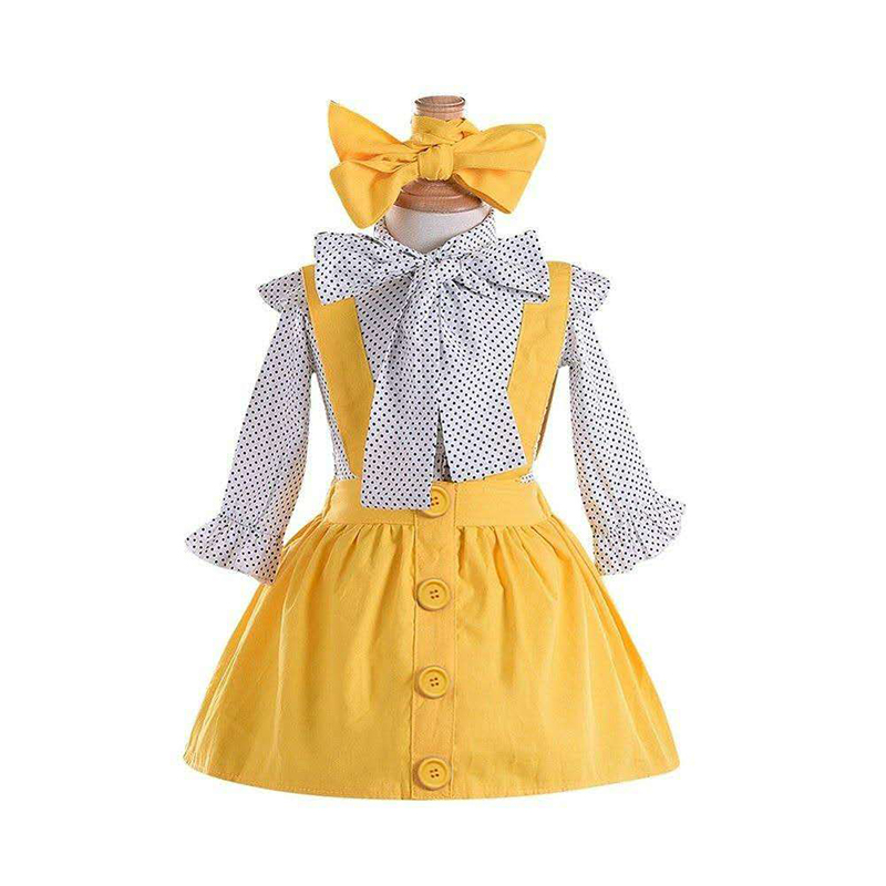 Autumn 80-120cm 3PCS Kids Baby Girls Dots Tops Dress Skirt Bow Headband Party Clothes Outfits Set