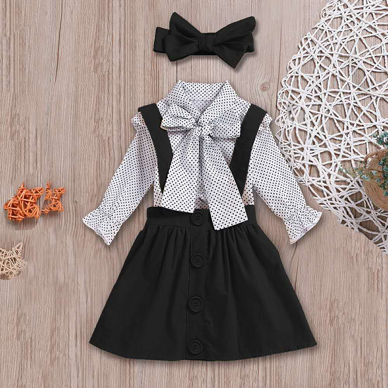 Autumn 80-120cm 3PCS Kids Baby Girls Dots Tops Dress Skirt Bow Headband Party Clothes Outfits Set