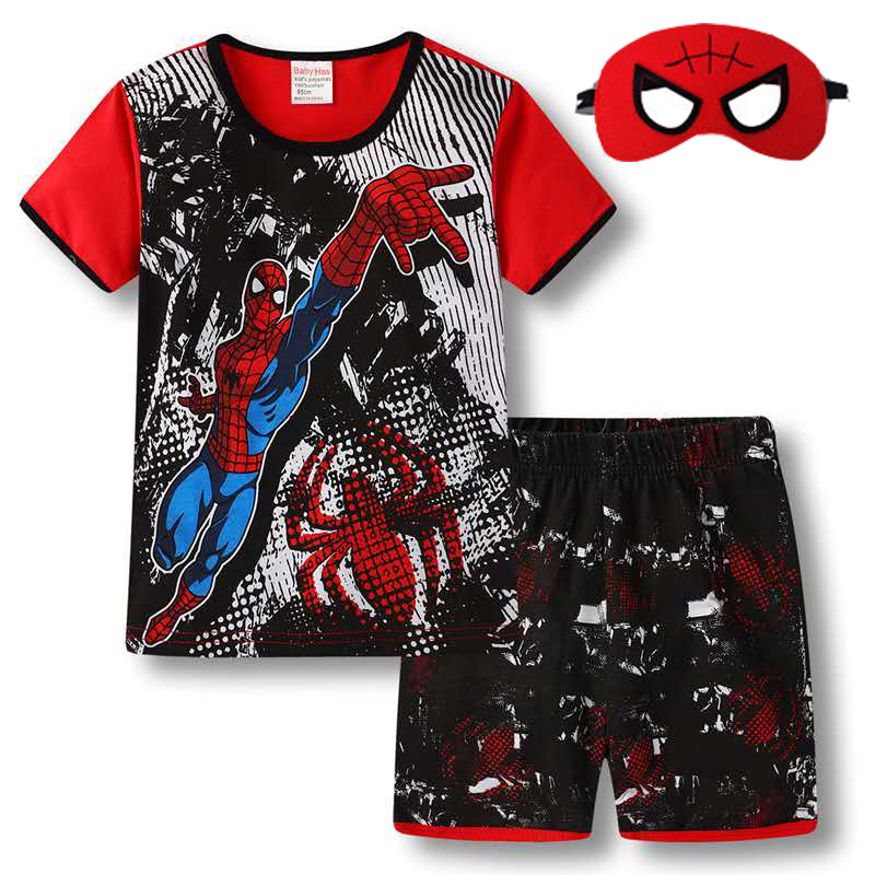 D-baby New Year Boys Spiderman Shirt + Shorts + Eye Mask Children Summer Outfits Clothes Sets