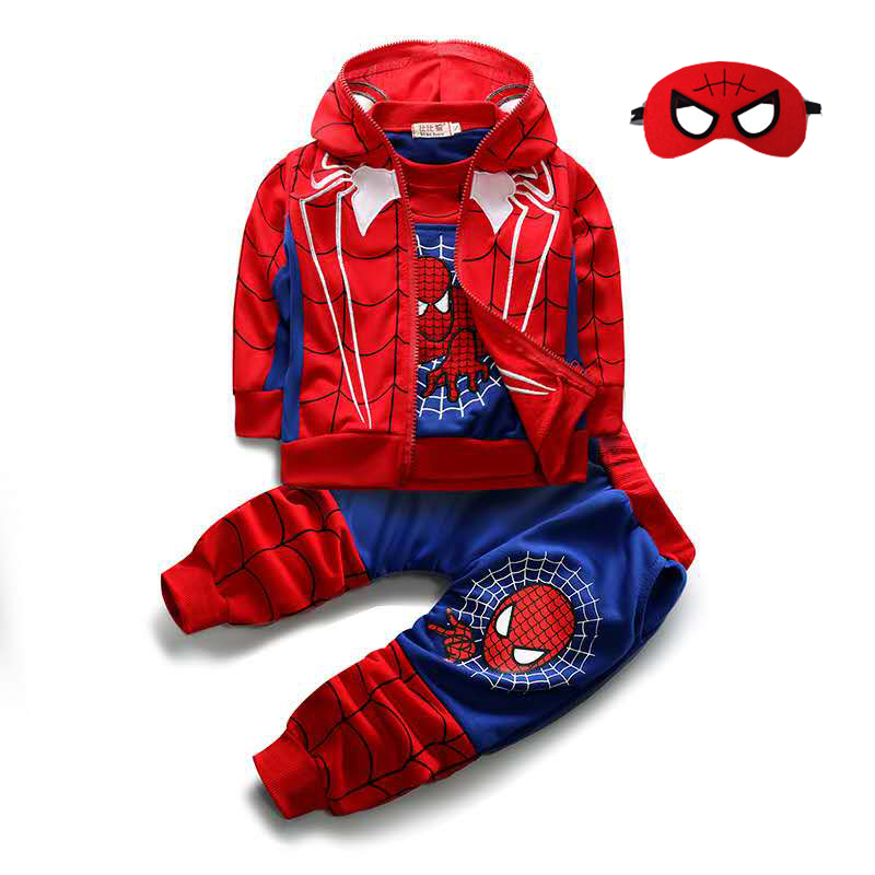 D-baby Autumn 4PCS 0-8.5Y Boys Spider-Man Set Hooded Zipper Vest+Top+Trousers+Eye Mask Suit