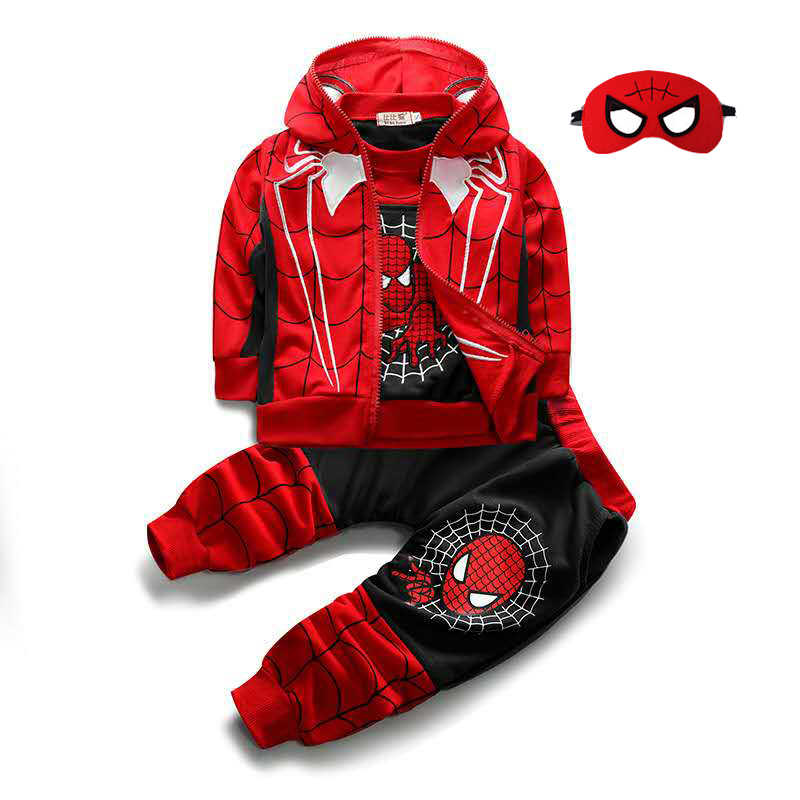 D-baby Autumn 4PCS 0-8.5Y Boys Spider-Man Set Hooded Zipper Vest+Top+Trousers+Eye Mask Suit